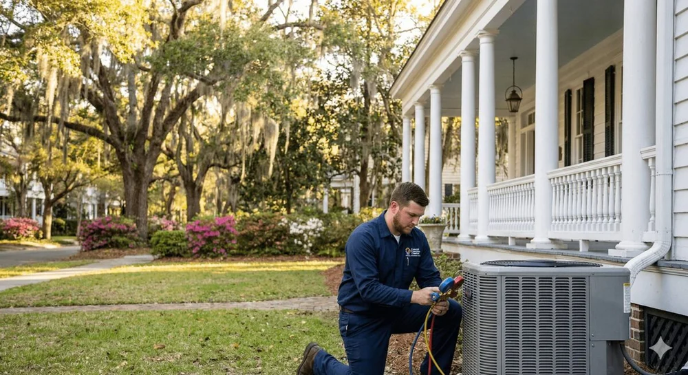 A technician beside a residential HVAC unit.