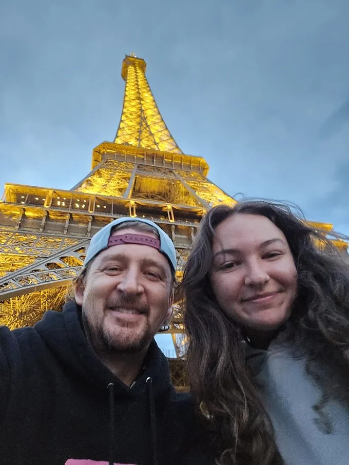 Jason Spencer and daughter Jori at the Eiffel Tower, Paris
