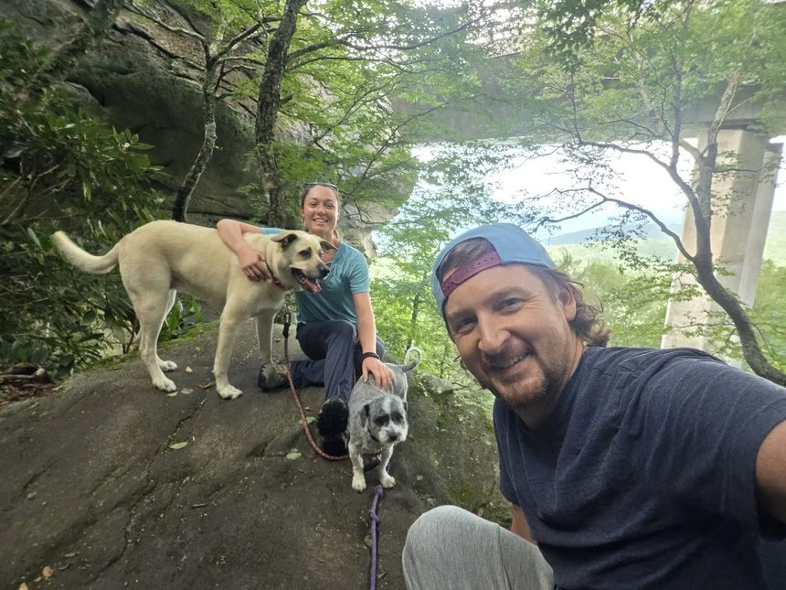Jason Spencer, Kelly and the dogs hiking the Blue Ridge Mountains