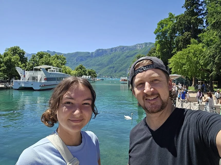 Jason Spencer and daughter Jori at Lake Annecy, France