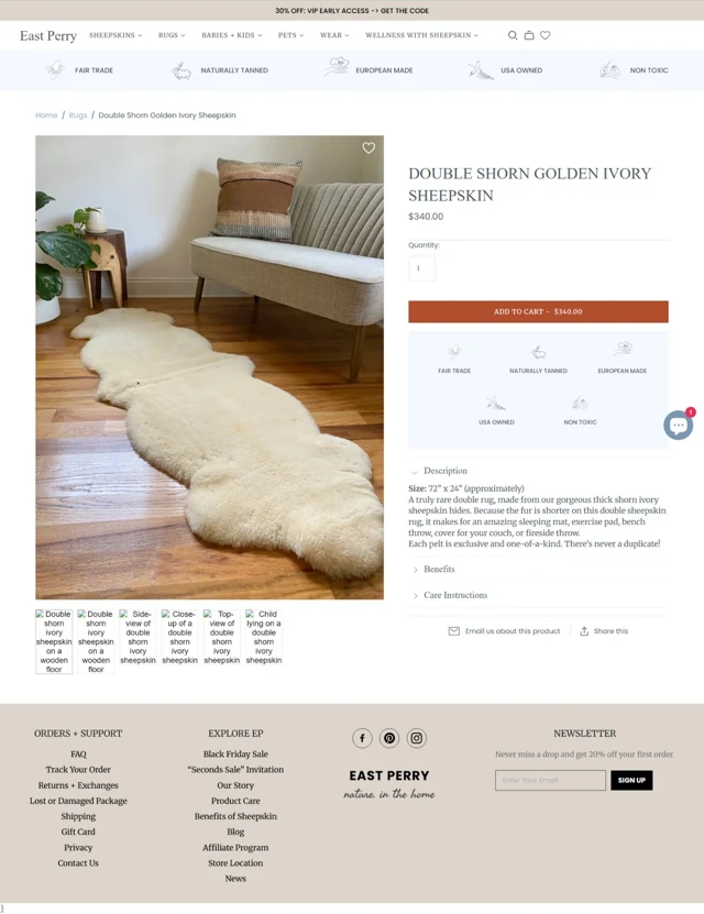 East Perry product page showing a sheepskin rug, product details and purchase controls.