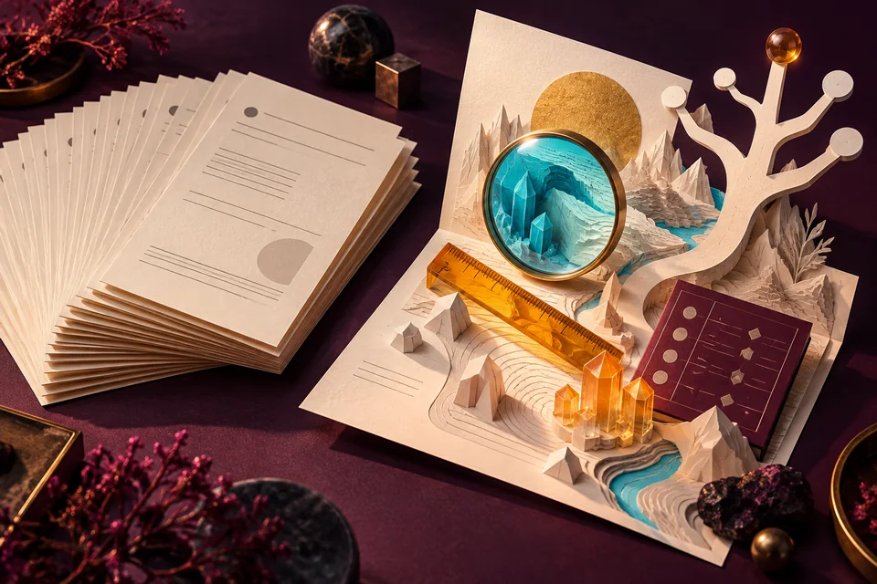 Paper sculpture showing repeated flat pages beside a dimensional page with an evidence lens, a measuring rule and a comparison.