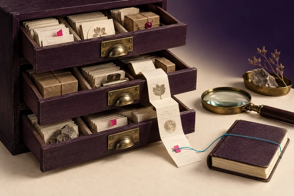 Illustrated archive drawers with records, samples and a magnifying glass.
