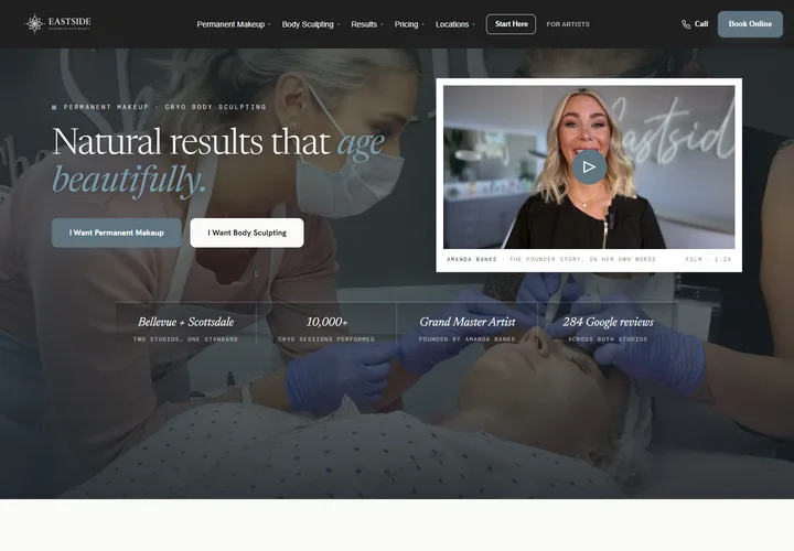 Eastside’s redesigned homepage with a founder film and service choices