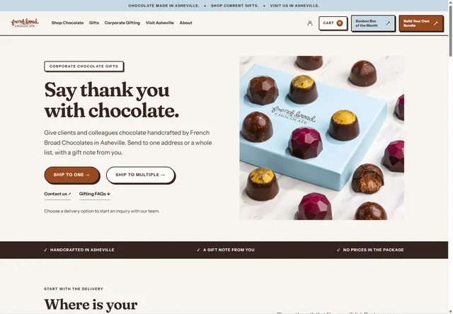 The corporate gifting preview with a chocolate gift photograph and separate Ship to one and Ship to multiple inquiry options.