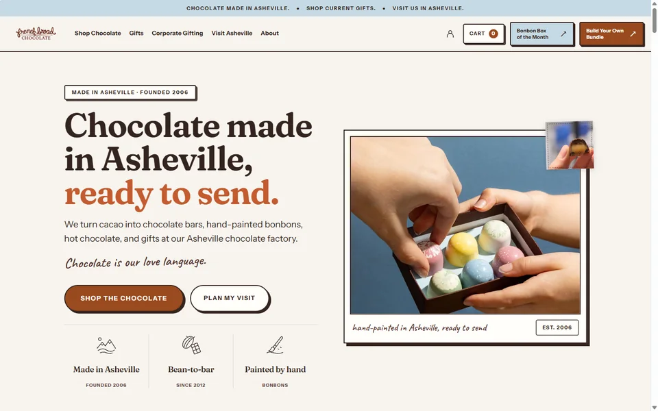 Preview of the new French Broad Chocolates Shopify homepage.