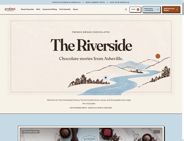 The Riverside journal preview, with its illustrated river masthead and introduction to stories from the factory, cacao farms and chocolate makers.