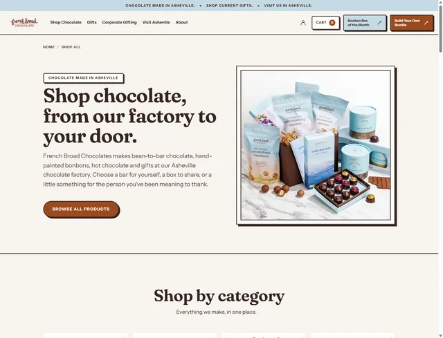 New Shop All opening with an introduction to the catalog, a gift-box photograph and a Shop by category section.