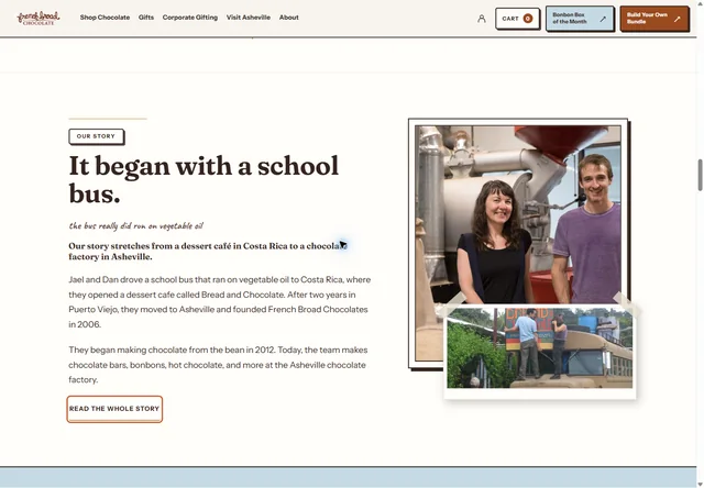 The new homepage’s story section, with founder photographs at the chocolate factory and beside the school bus in Costa Rica.