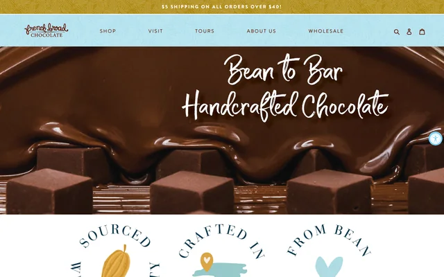 French Broad Chocolates’ earlier Bean to Bar homepage, captured August 24, 2026, before ROI.LIVE’s Fall Caramels campaign hero.