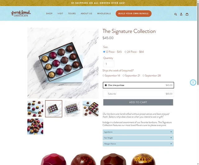 Earlier Signature Collection product page with radio buttons for size, shipping week and purchase type.
