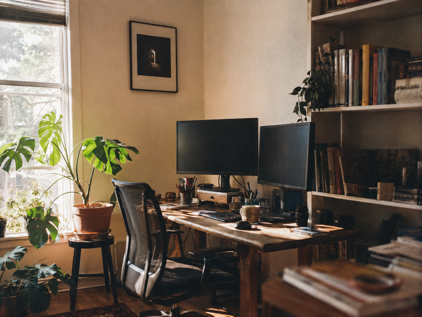 A warm, sunlit workspace
